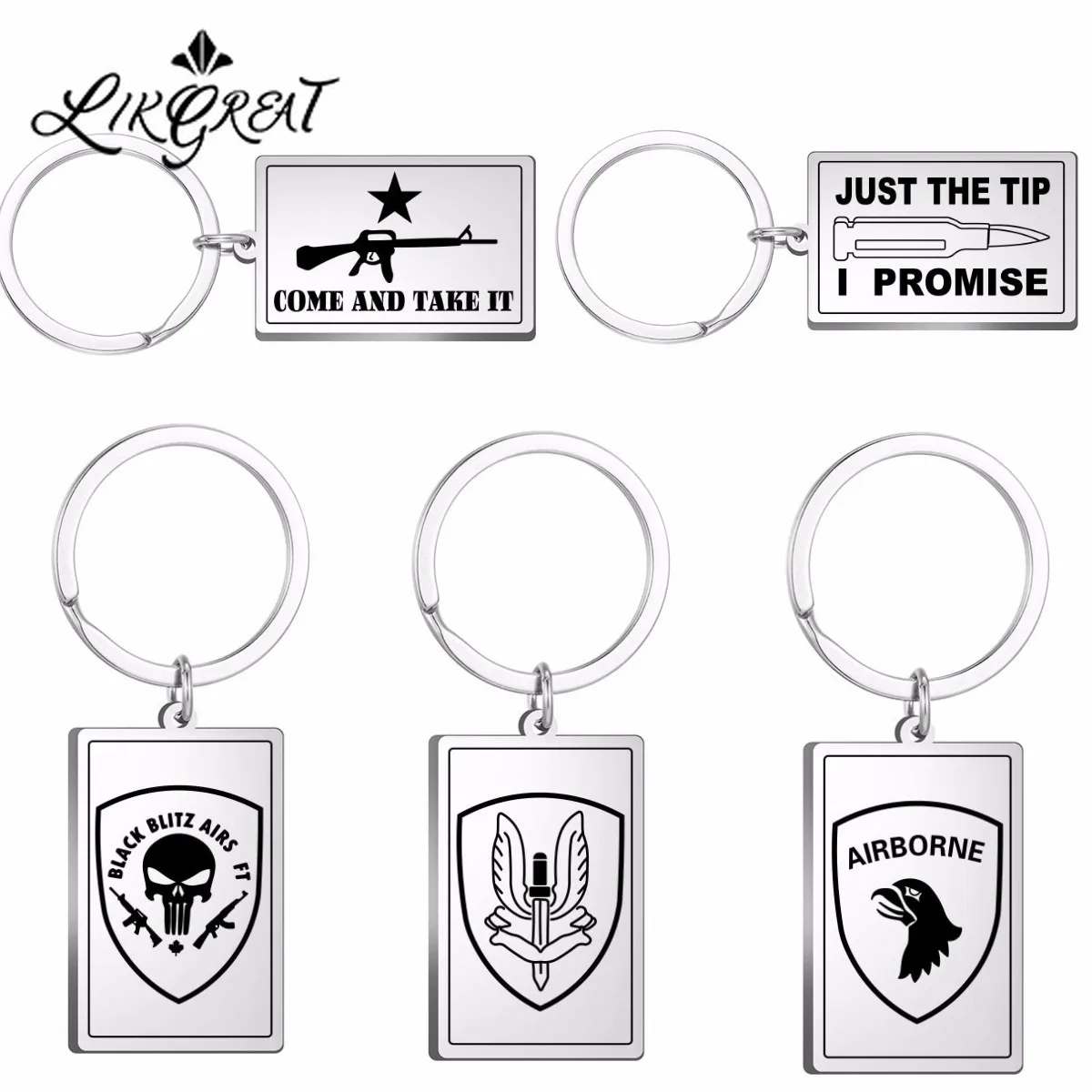 

Military Tactical Emblem Badges Gun Skull Wolf Snake Keychain Keyring US ARMY Car Key Holder Ring Fathers Day Gifts Jewelry