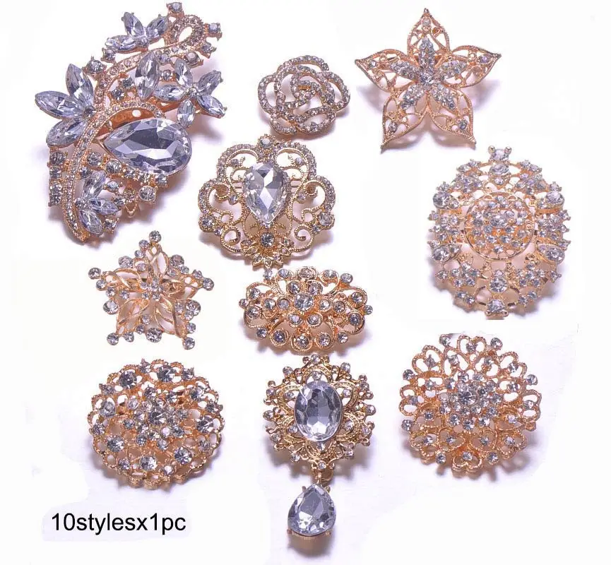 mixed style S0392) 10 шт./партия, металлическая брошь со стразами для свадьбы, светло-золотое покрытие, с булавкой на спине или плоской задней части, 10 стилей X1 pc - Окраска металла: mixed style