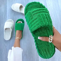 luxury brand peep toe thick sole women slippers green corduroy flat outwear ladies slides summer autumn runway flip flops women