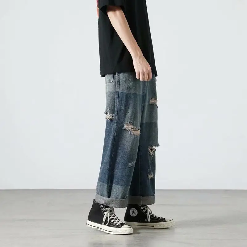 Ripped Wide-leg Jeans Men's Fashion Retro Baggy Harajuku Jeans Men Streetwear Loose Hip-hop Hole Straight Denim Trousers Mens