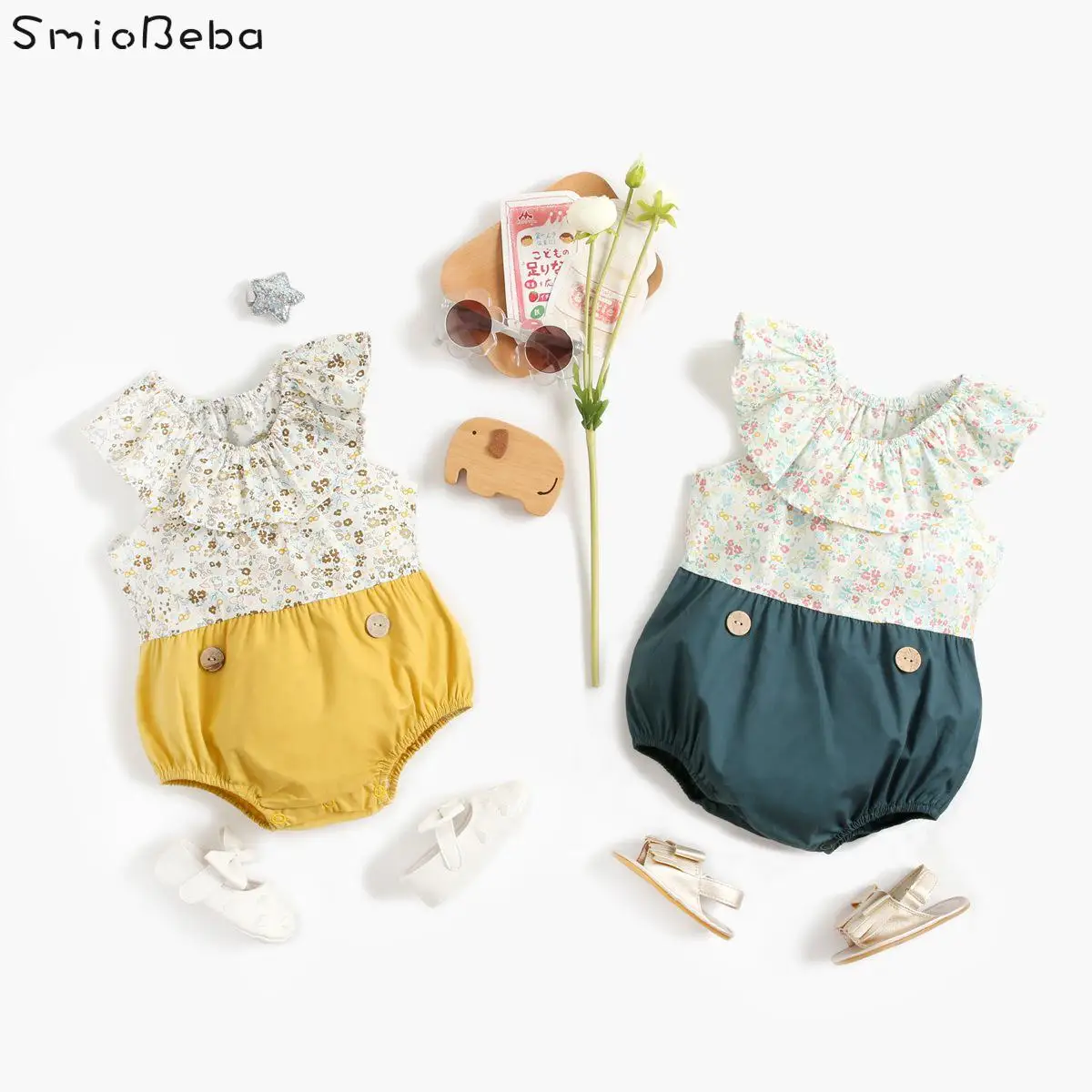 

Girl Baby Creeper Short Sleeve Bodysuit Floral Color Matching Newborn Summer Clothes Pure Cotton Korean Hardcover Kids Rompers