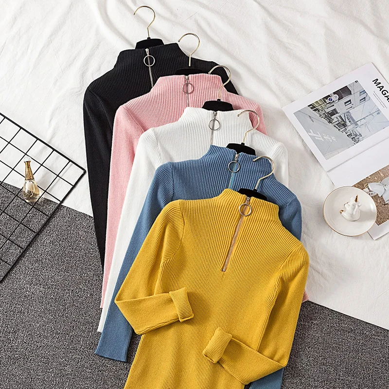 Женский пуловер на молнии с высоким воротником вязаный свитер Повседневные