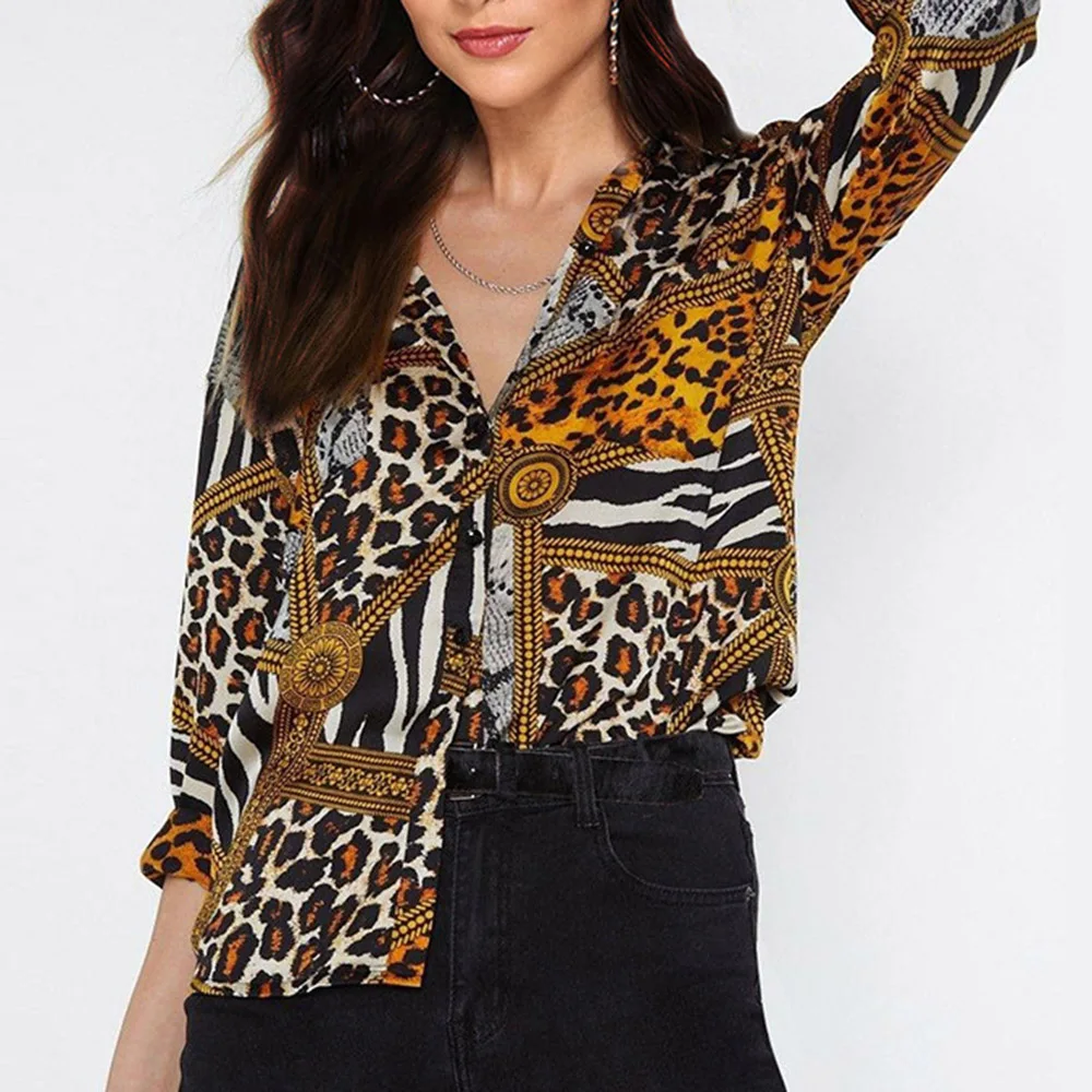 Блузка Женская Офисная с леопардовым принтом пикантная Повседневная