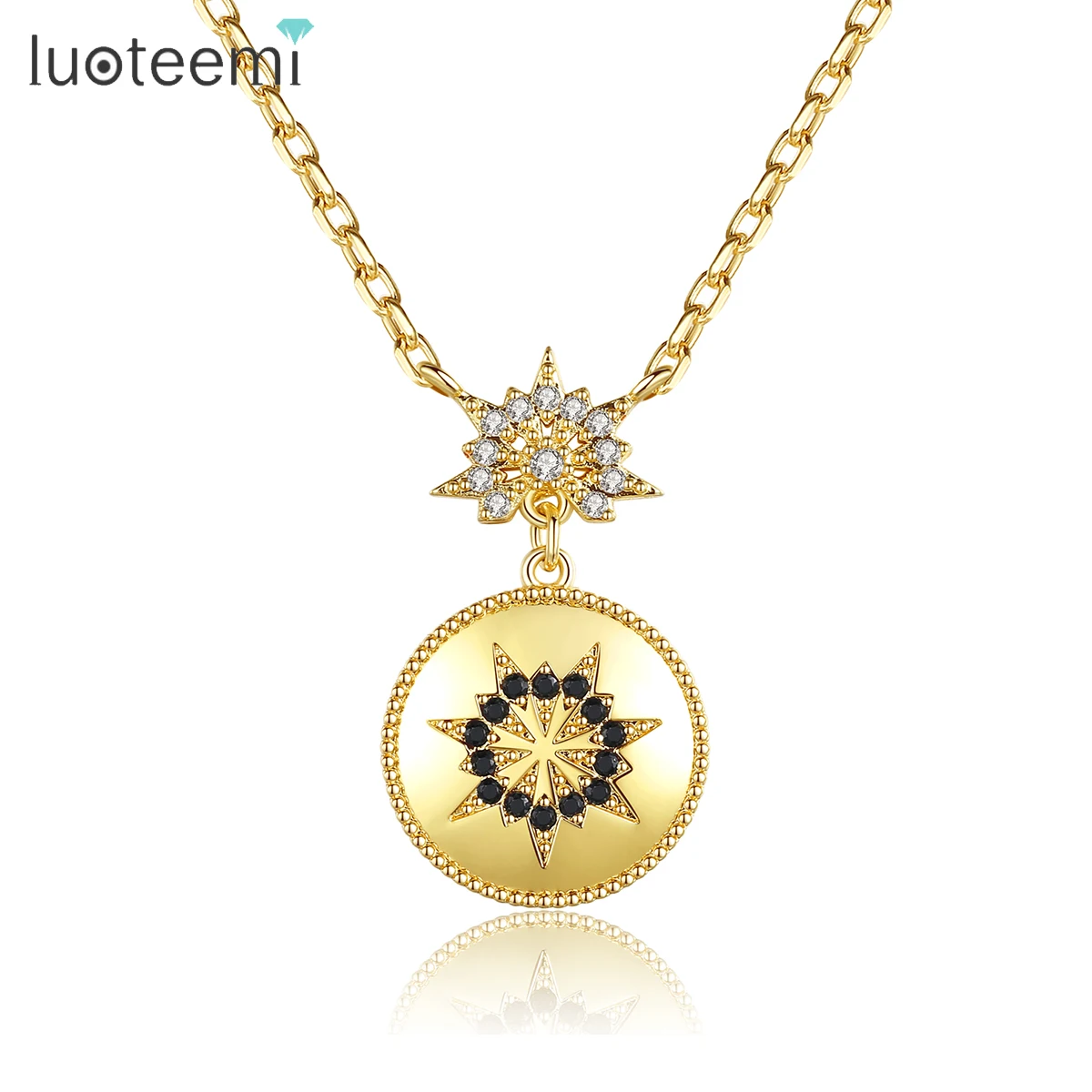 

LUOTEEMI Vintage Wholesale Round Pendant Necklace High Quality CZ Crystal Gold-Color Necklaces for Women Kolye Style