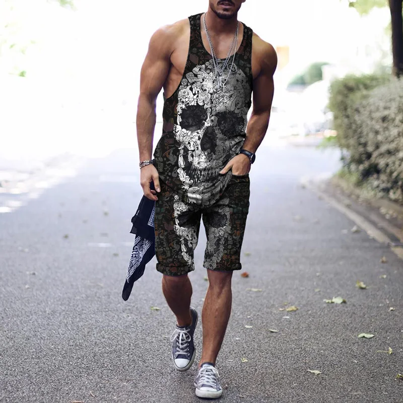 

2021 Summer New Men's Suit Hip Hop Goth Harajuku Streetwear Printed Skull Vest Shorts 2-Piece O-neck Sleeveless Oversized Loose