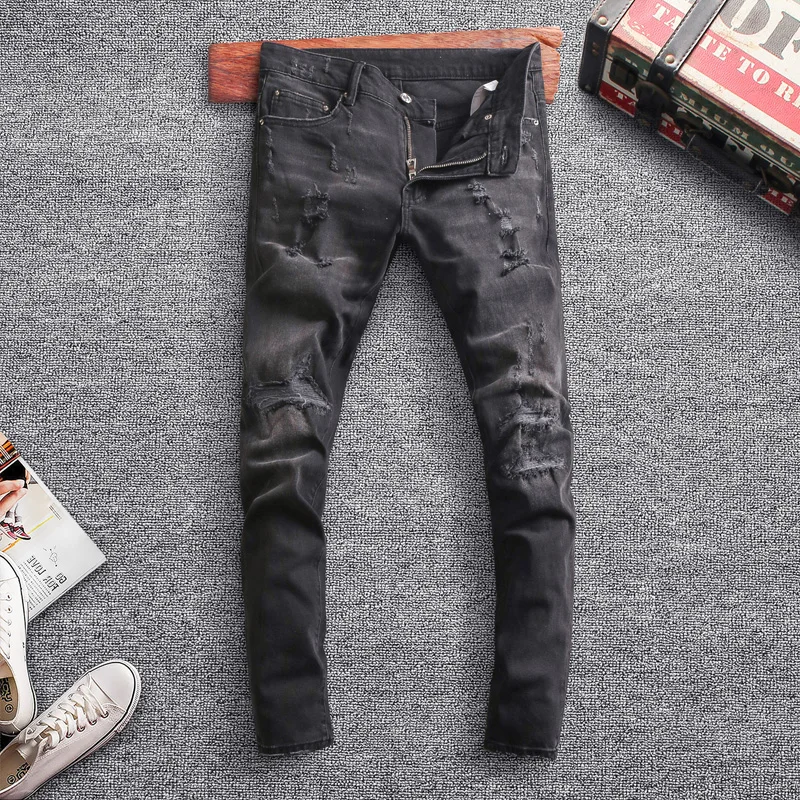 

American Streetwear 2021 Men Jeans High Quality Black Color Destroyed Ripped Denim Trousers Elastic Slim Fit Hip Hop Pants