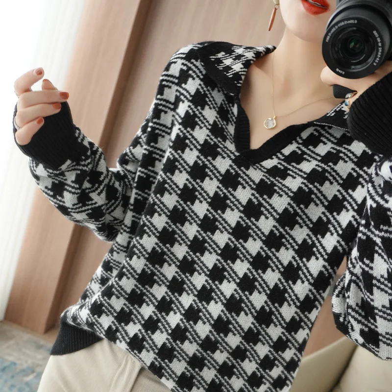 

Zocept Women 2021 Fashion Oversized 100% Wool Jumper Houndstooth Knitted Cashmere Sweater Long Sleeve Loose Female Pullover Tops