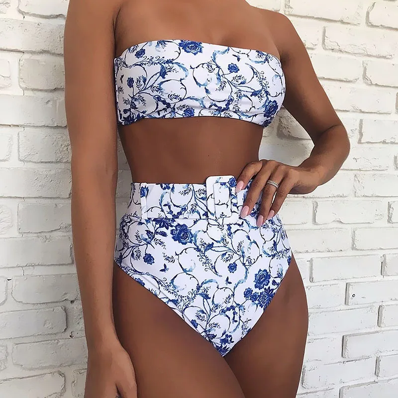 Женский комплект бикини с высокой талией однотонный купальник в горошек принтом