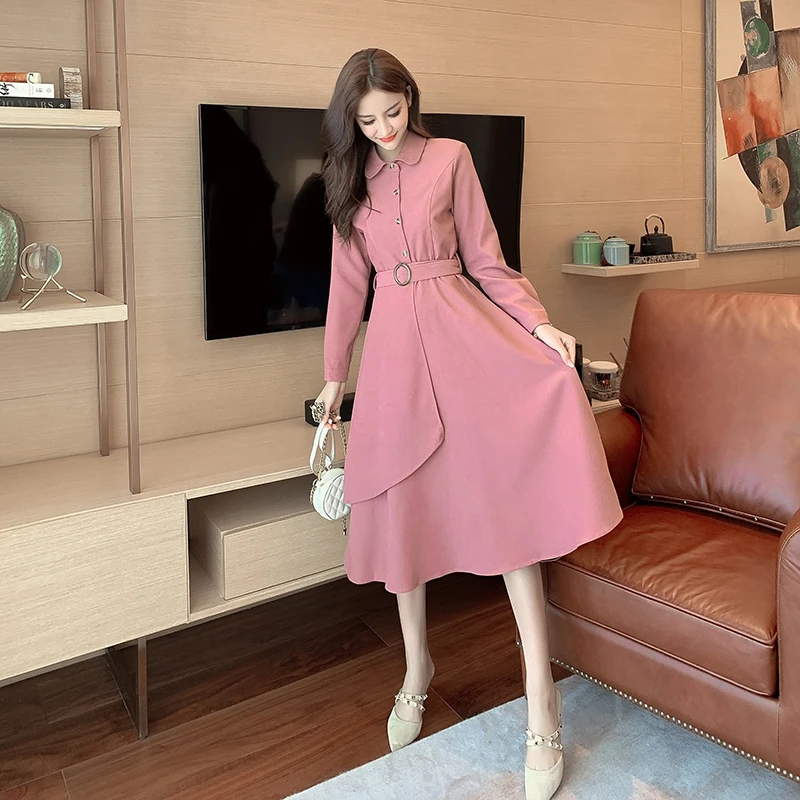

Long-sleeved retro waist elastic design skirt women's mid-length dress with a thin waist and elegant and generous temperament