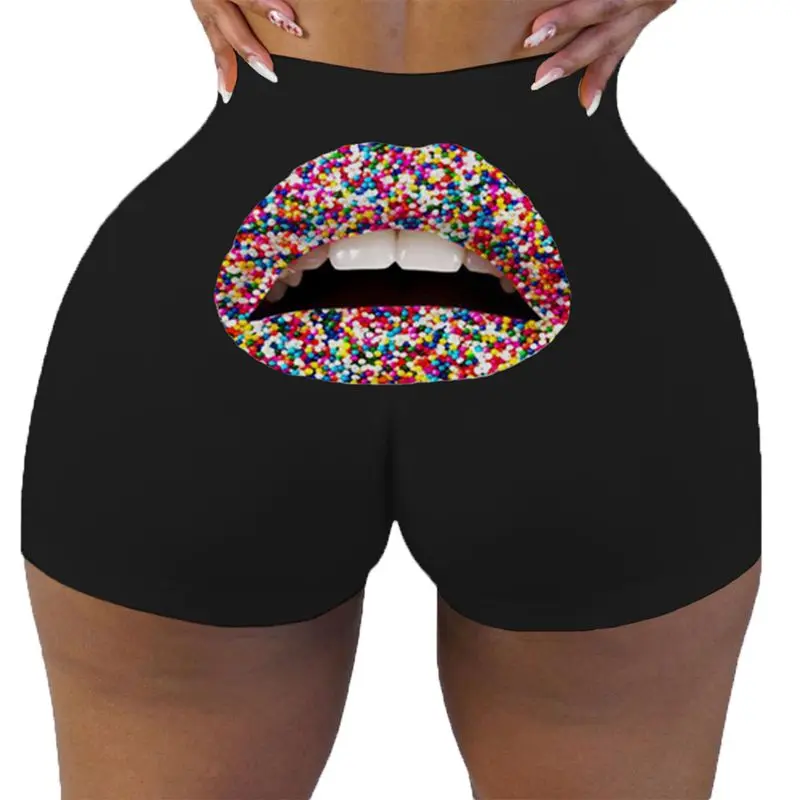 

ZKYZWX Sexy Booty Shorts For Women Summer Lips Print Clothing Fashion Plus Size Skinny Elastic Fitness Shorts