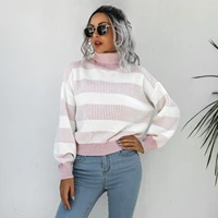 women turtleneck sweaters autumn winter tops lantern sleeve striped knitted sweater casual loose pullover warm jumper pull femme