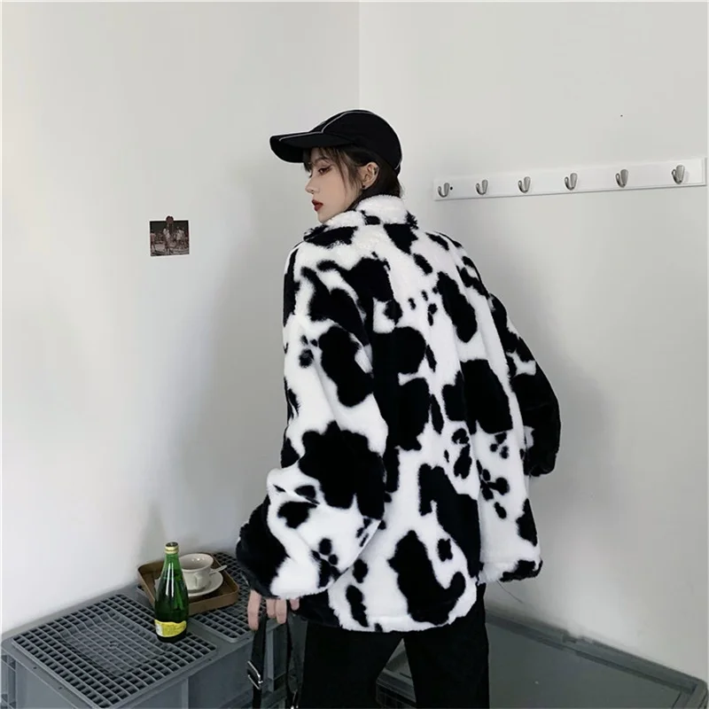 

Korean Winter New Fashion Coat Harajuku Cows Printing Loose Full Sleeve Leather Jacket Vintage Flannel Keep Warm Cotton Clothes
