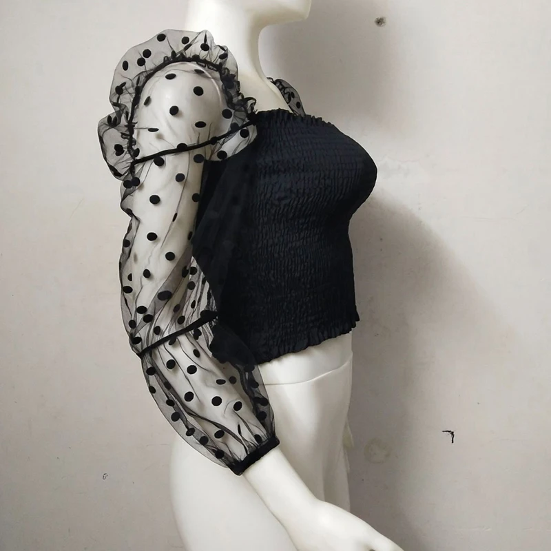 

2021 Retro Women Blouse Shirts Polka Dot Sheer Long Puff Sleeve Crop Tops Bodycon Sexy Summer Blouses Female Shirts