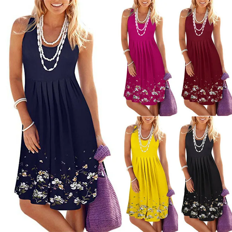 

2021 Fashion New Women Summer Bohemian O-Neck Sleeveless A-Line Swing Dress Casual Tunic Plus Size Knee Length Loose Sundress