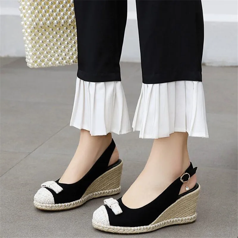 Туфли-лодочки женские на платформе винтажная обувь танкетке соломенные сандалии