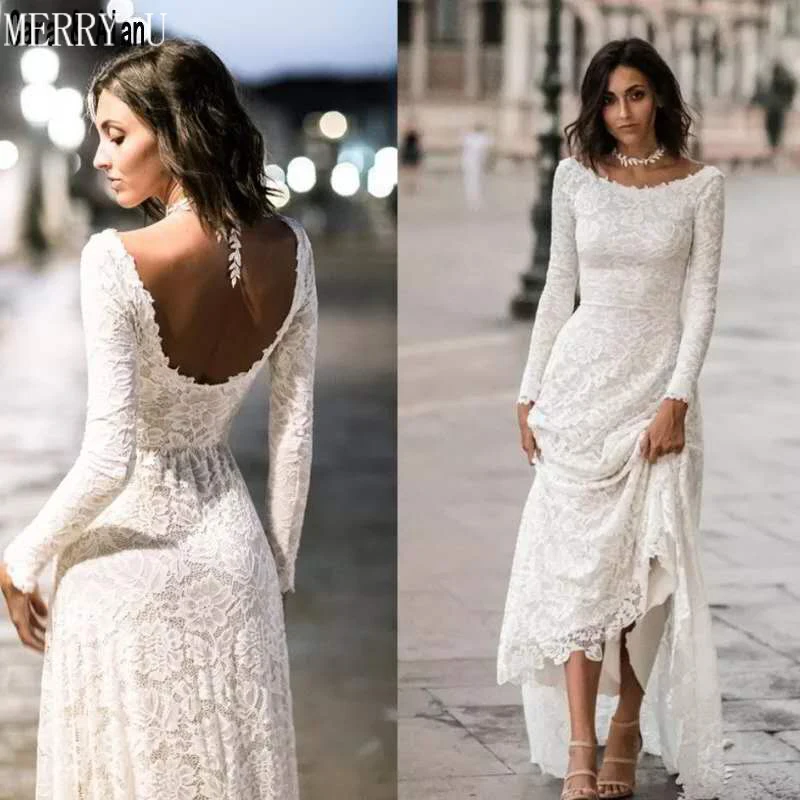 

Mermaid Wedding Dresses 2020 Long Sleeve Lace Wedding Gowns Backless Bride Dress vestido de noiva Boho Style