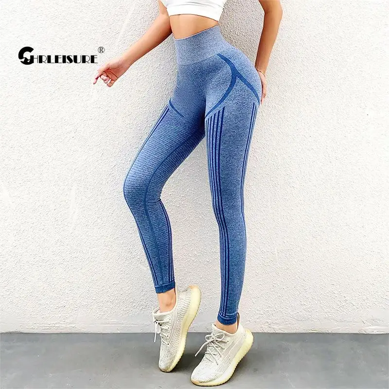 

CHRLEISURE Stripe Sport Leggings High Waist Abdomen Yoga Women's Pants Tight Hip Life Running Breathable Quick Dry Gym Clothing