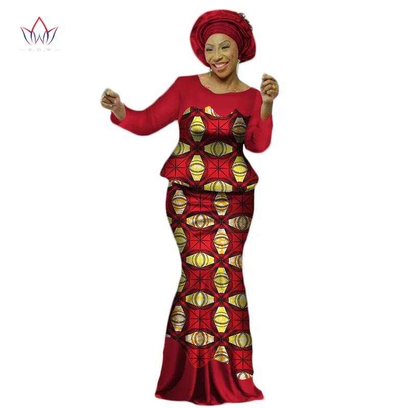 Africa Style Bazin Riche Dresses for Women Two Pieces Set Women Long Sleeve Tops and Long African Print Skirt Plus Size WY2454 - Цвет: 10