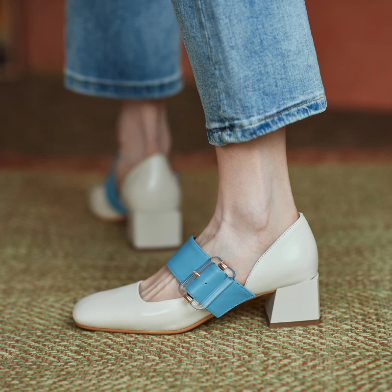 

RIZABINA Size 33-40 Fashion Women Pumps Square Toe Buckle Strap Mixed Color Thick Heels Sweet Ladies Footwear Party Shoes