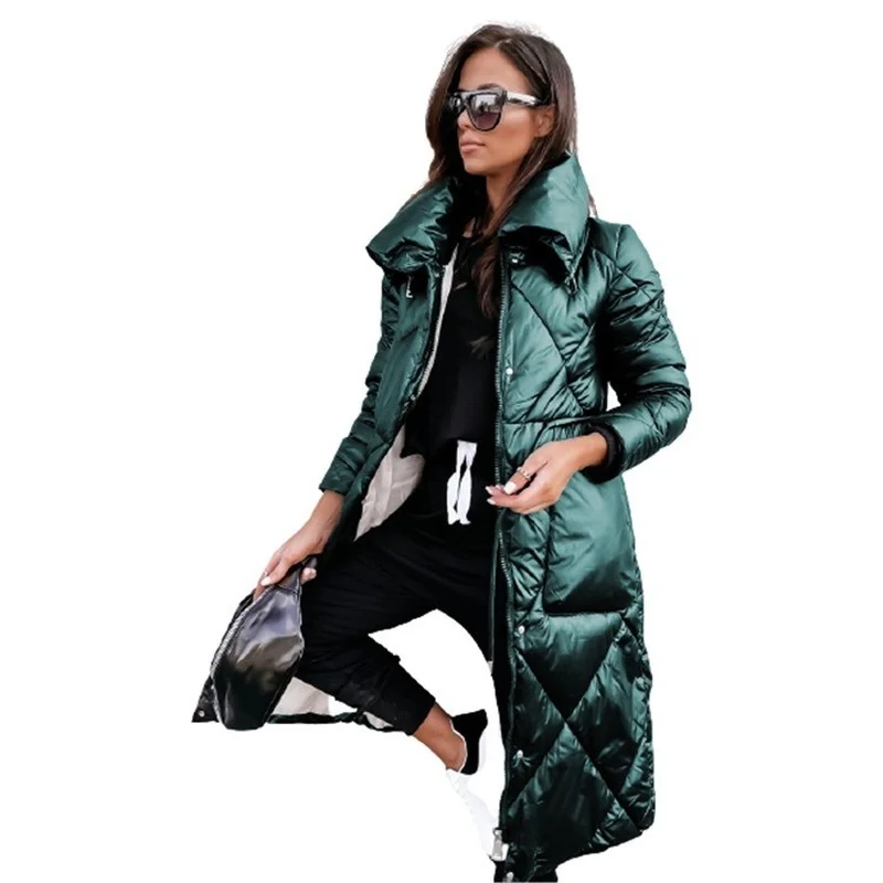 Winter 2021 New Colorful Candy Cotton-padded Jacket Women's Down Padded Turn-down Collar Long Jacket Shiny Warm Padded Parkas