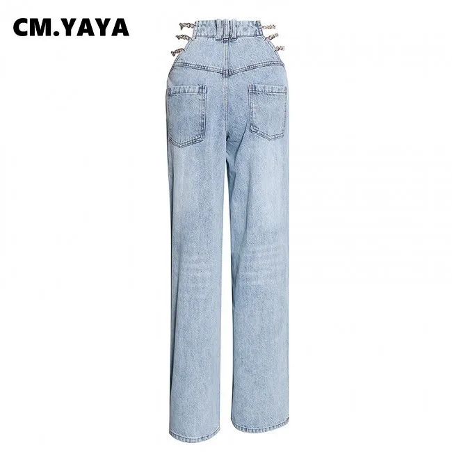 Женские джинсовые брюки CM.YAYA рваные прямые скинни с высокой талией цепочкой и