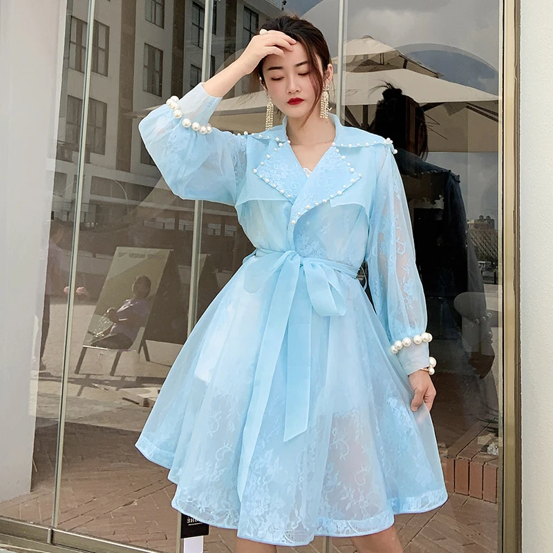 

2021 Autumn Women Elegant Organza Water-Soluble Lace Windbreaker With Belt Solid Color Fashion Chic Outerwear Ladies