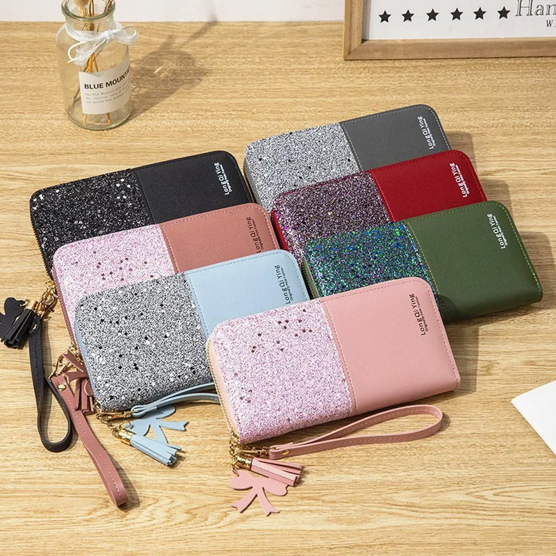 

Women Sequined Patchwork Long Wallets Pocket Girls Purse Lady New Casual Card Holder Wallet Female Fashion PU Leather Handbag