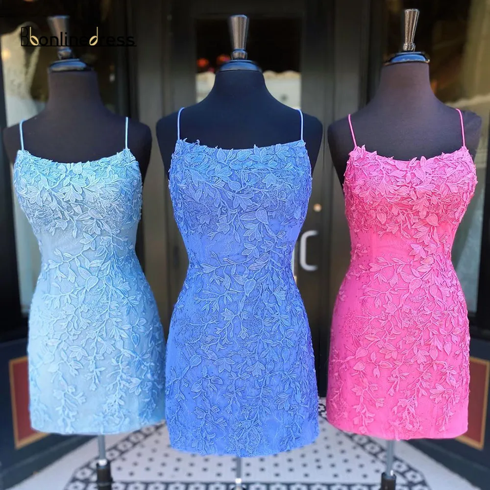 Bbonlinedress Blue Homecoming Dress 2020 Spaghetti Strap Lace Beaded Above Knee Mini Short Party Gowns abiti da cocktail Dress