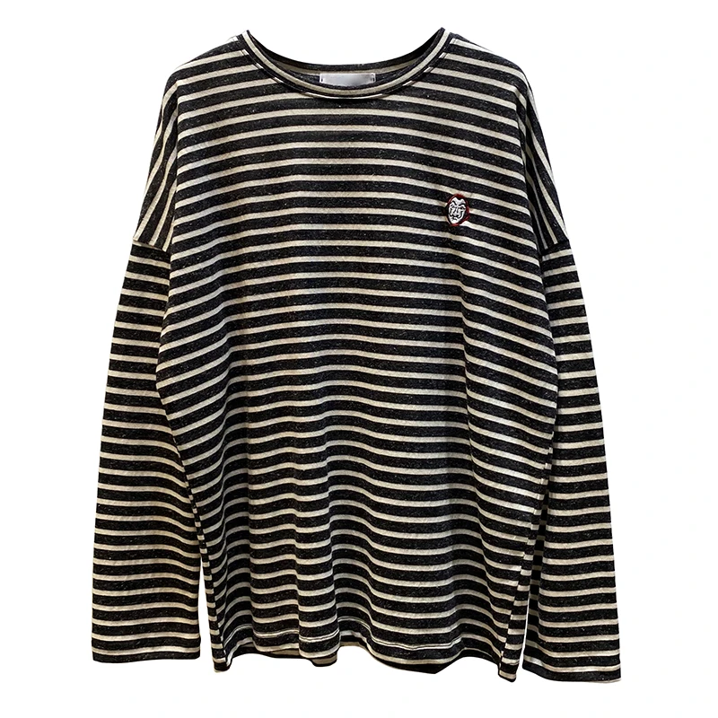 

Summer Korean Style Versatile Black and White Striped Loose Long-Sleeved T-shirt Women's Top Western Style Shirt Trendy