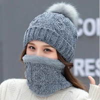new windproof beanies hat women warm knit hats scarf sets female winter padded mask neck protector 2 pc set cycling wool caps