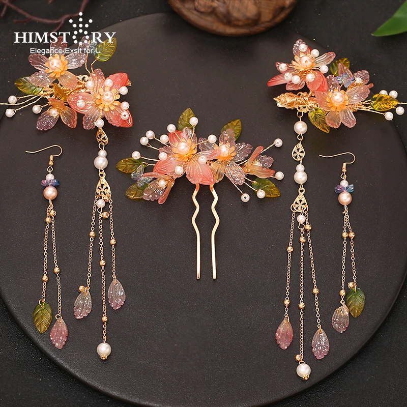 Flower Wedding Hairpins Girls Bridal Weddinghandfu Hair Stick With Earring Accessories