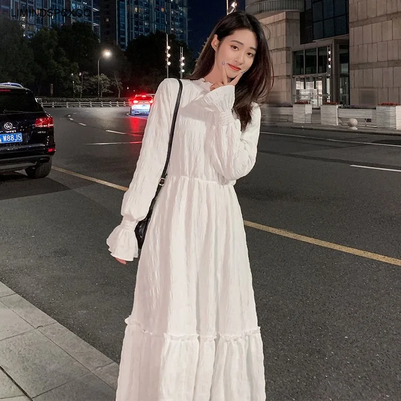 

Dress Womens Solid Simple Elegant Thicker Hepburn Style Temperament Hot Sale Autumn Flare Sleeve Loose Female Vestidos Ulzzang