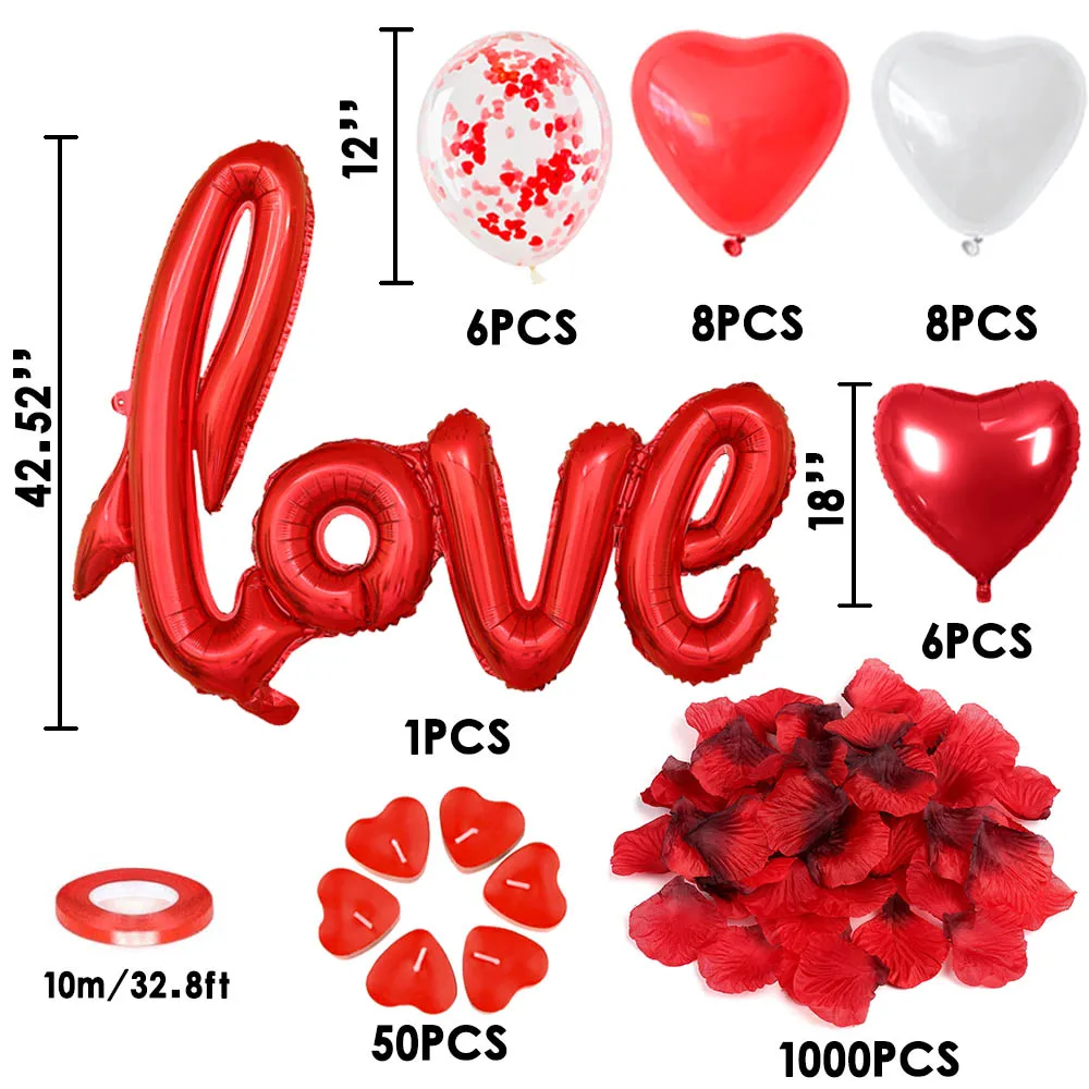 Globos decorativos para el D&iacute;a de San Valent&iacute;n, decoraci&oacute;n XXL con letras de amor, velas de coraz&oacute;n, p&eacute;talos de rosa, coraz&oacute;n rojo y blanco, globos de confeti para St V-1