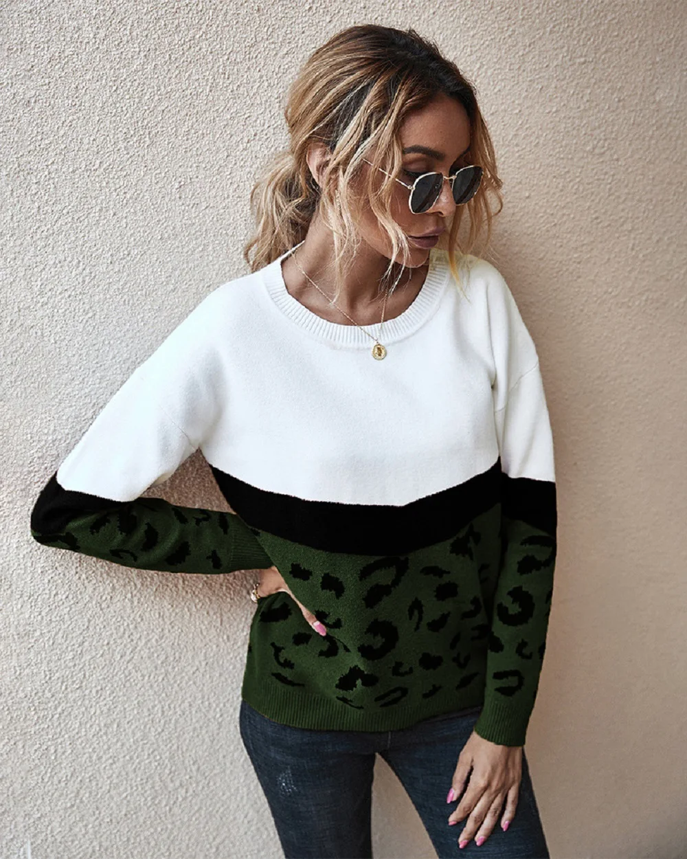 

Fashion leopard stitching autumn winter 2021 women's knitted sweater women's round neck full sleeve Pullover Khaki Brown top