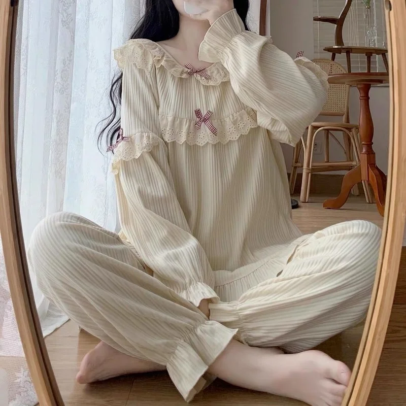 QWEEK Autumn Pajamas Womens Two Piece Sets Ruffles Bow Pijamas Kawaii Solid Color Pyjamas Purple Bule Sleepwear Home Clothes