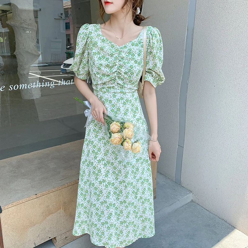 

2021 Summer Fashion Women's Dresses V-neck Elastic Waist Halter Hollow Out Puff Sleeve Floral Mid-Calf Dress OL Women Clothing