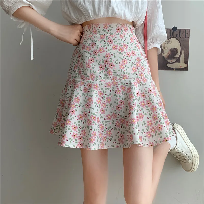 

Floral Print Mini Skirt High Waist Sweet Chiffon Zipper Elegant Skirts Women Vintage Beach Mermaid Skirt Boho A-line Casual