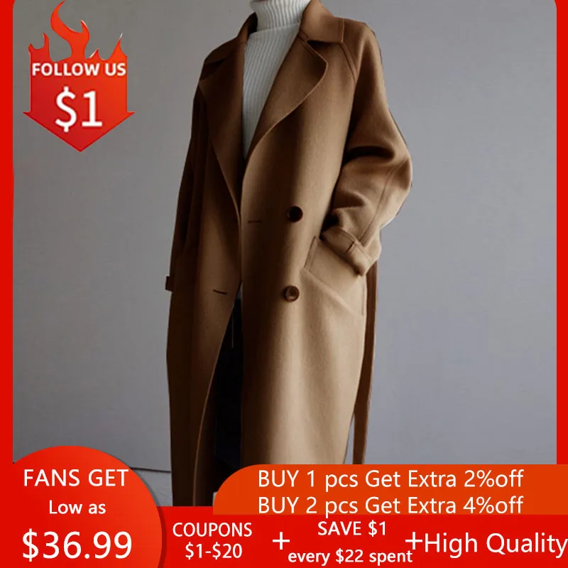 

Зимнее бежевое элегантное шерстяное пальто для женщин, корейское модное Черное длинное пальто, базовое минималистичное шерстяное пальто, т...