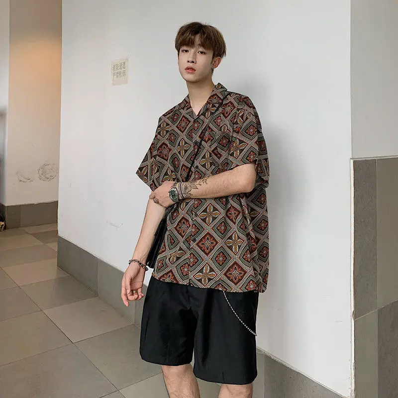 

Men's shirt 2020 autumn new slim pure color retro flowing floral print short-sleeve shirt casual personality youth men's wear