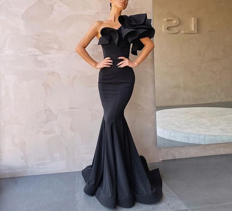 

Черные вечерние платья на одно плечо 2020, длинное платье с юбкой-годе на молнии и оборками для выпускного вечера, официальные платья, женское ...