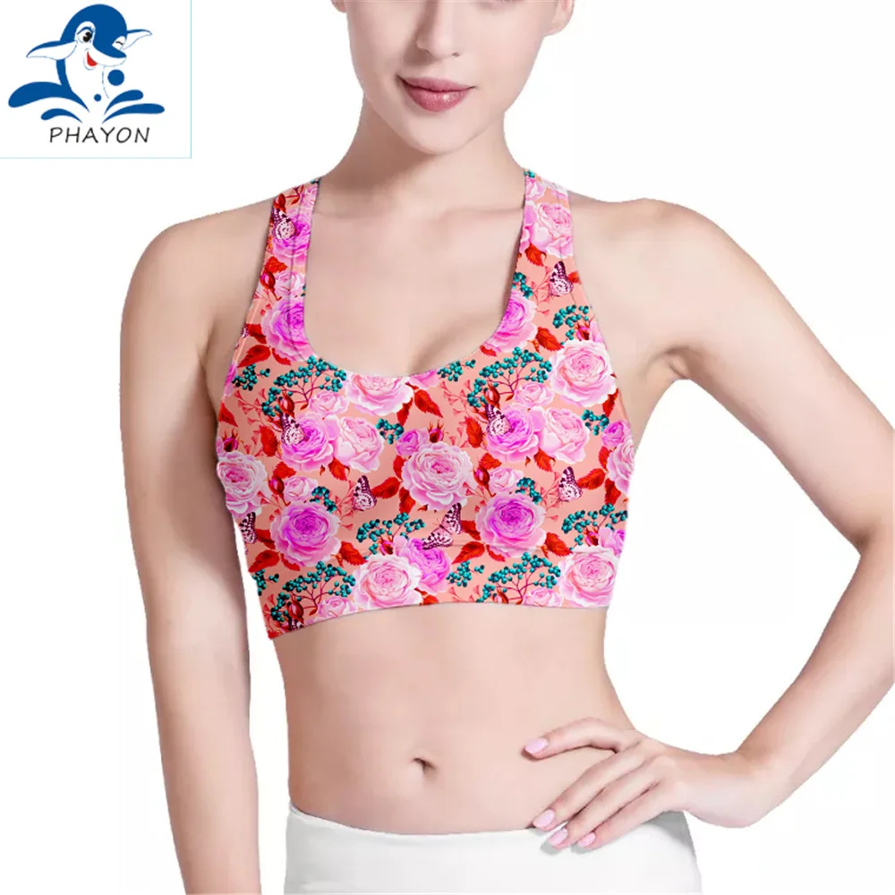 

PHAYON Seamless Rose Sports Bra Women's Floral Print Push Up Yoga Bra Quick Drying Fitness Sports Tops Ladies Vest