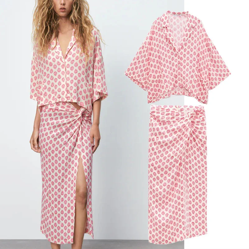 

Summer Print Midi Woman Skirts 2021 Za Fashion High Waist Front Knot Ruched Slit Hem Skirt Casual Lapel Short Sleeve Shirt Femal