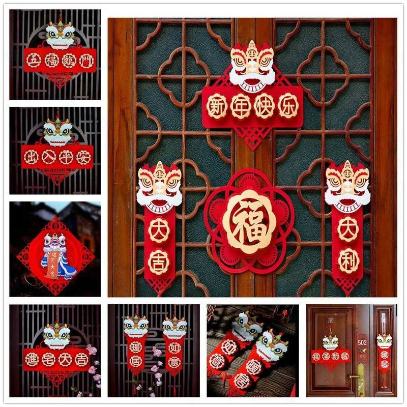 

Chinese New Year Decoration 3D Flocking Pendant FU Character Sticker Dancing Lion Door Horizontal Batch Spring Festival Ornament