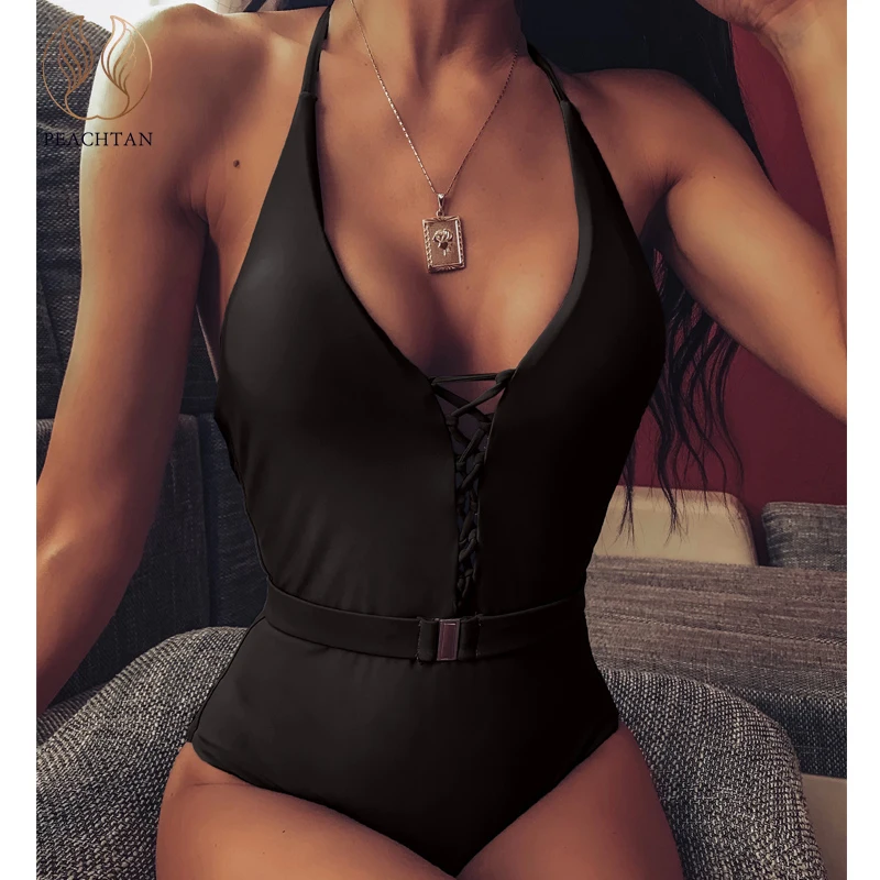 Peachtan сексуальный купальник с лямкой на шее Цельный шнуровке Женский бандажный