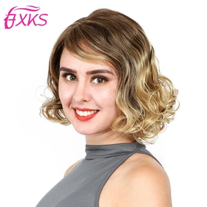 Brown Blonde Synthetic Lace Front Wigs Body Wave Short Hair Lace Wig Side L Part Lace Front Wigs Natural Hairline 14Inch 150Gram
