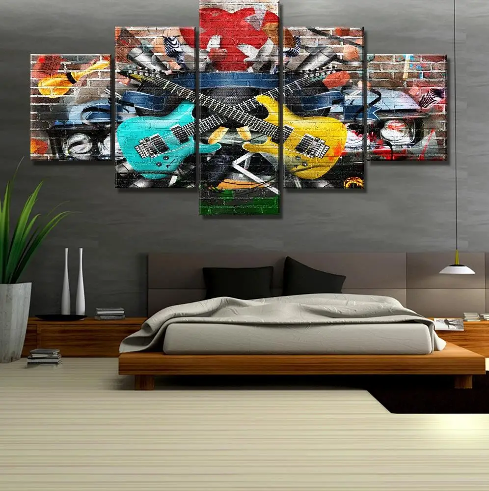 

5 Piece HD Print Large Guitar Graffiti Musical Instruments Paintings on Canvas Wall Art for Home Decorations Wall Decor(No Frame