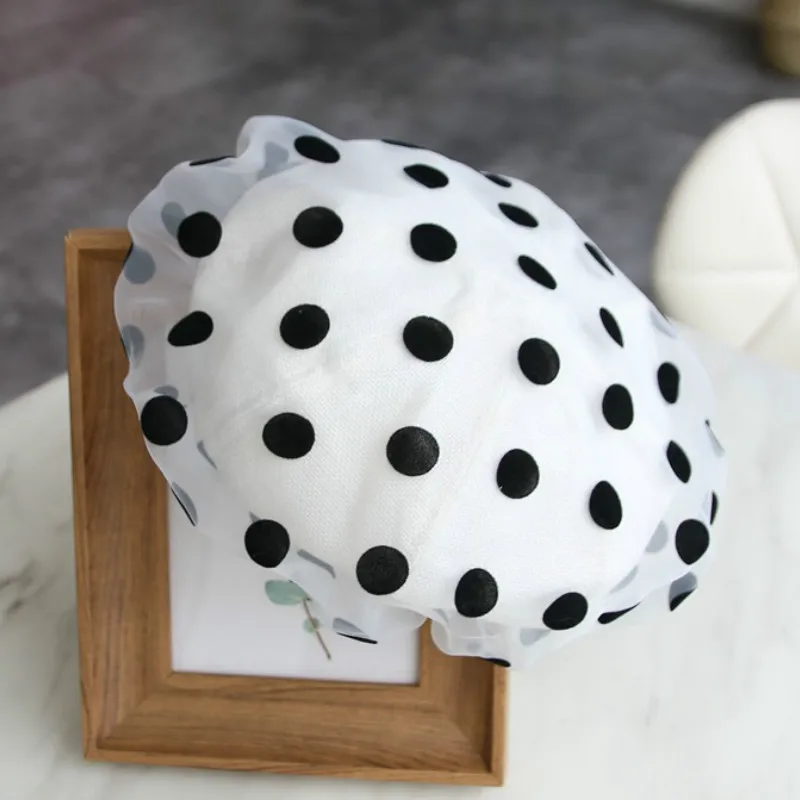 Женский винтажный берет в горошек Черный из органзы весна лето 2020|Женские береты|