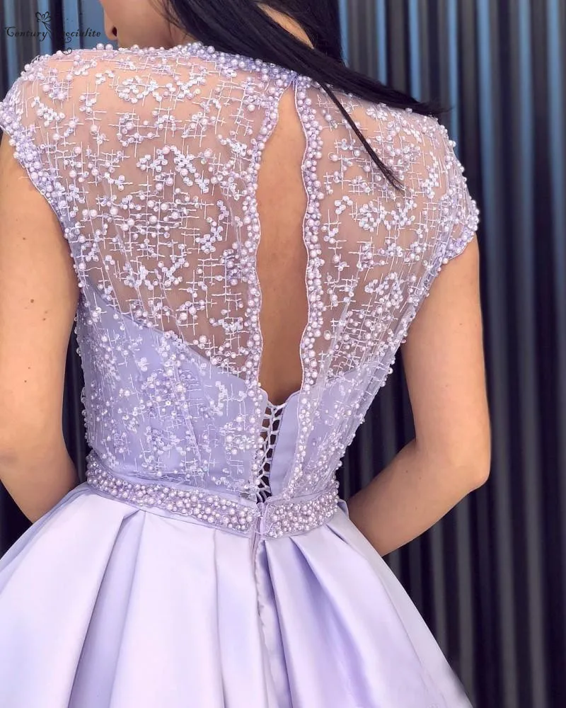 Lilac Long Prom Dresses 2020 with Slit Lace Beaded Cap Sleeve Satin Evening Formal Dress Plus Size Party Gowns Vestido De Festa | Свадьбы и