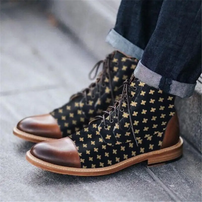 

Stylish Texture Print Hit Color Mens Cap Toe Boots windmill Ankle Men Boots Pour Hommes Мужские ботинки Botas Masculinas KB205