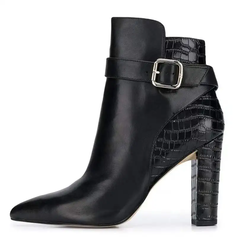 Black Patchwork Stone Print Buckle Strap Fashion Boots for Women Pointy Toe Square High Heel Work Shoes Booty Zip Size 46